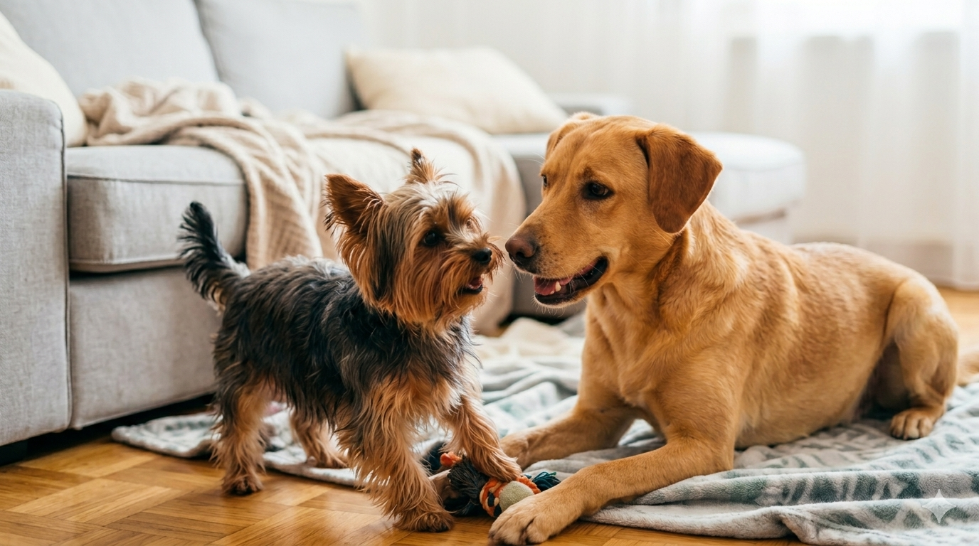 Do Yorkies Need Another Dog? A Yorkshire Terrier interacting with a companion dog in a living room.